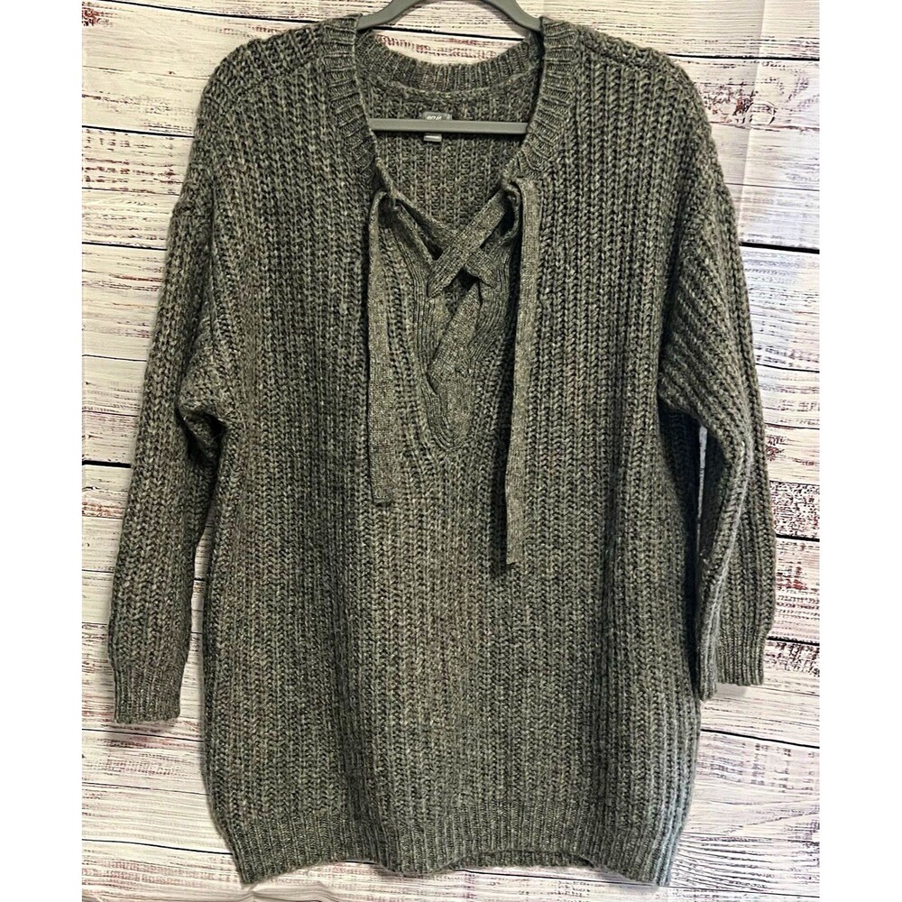 Aerie Lace-Up Chunky Ribbed Knit Tunic Sweater Gray Wool Alpaca Blend Women's XL